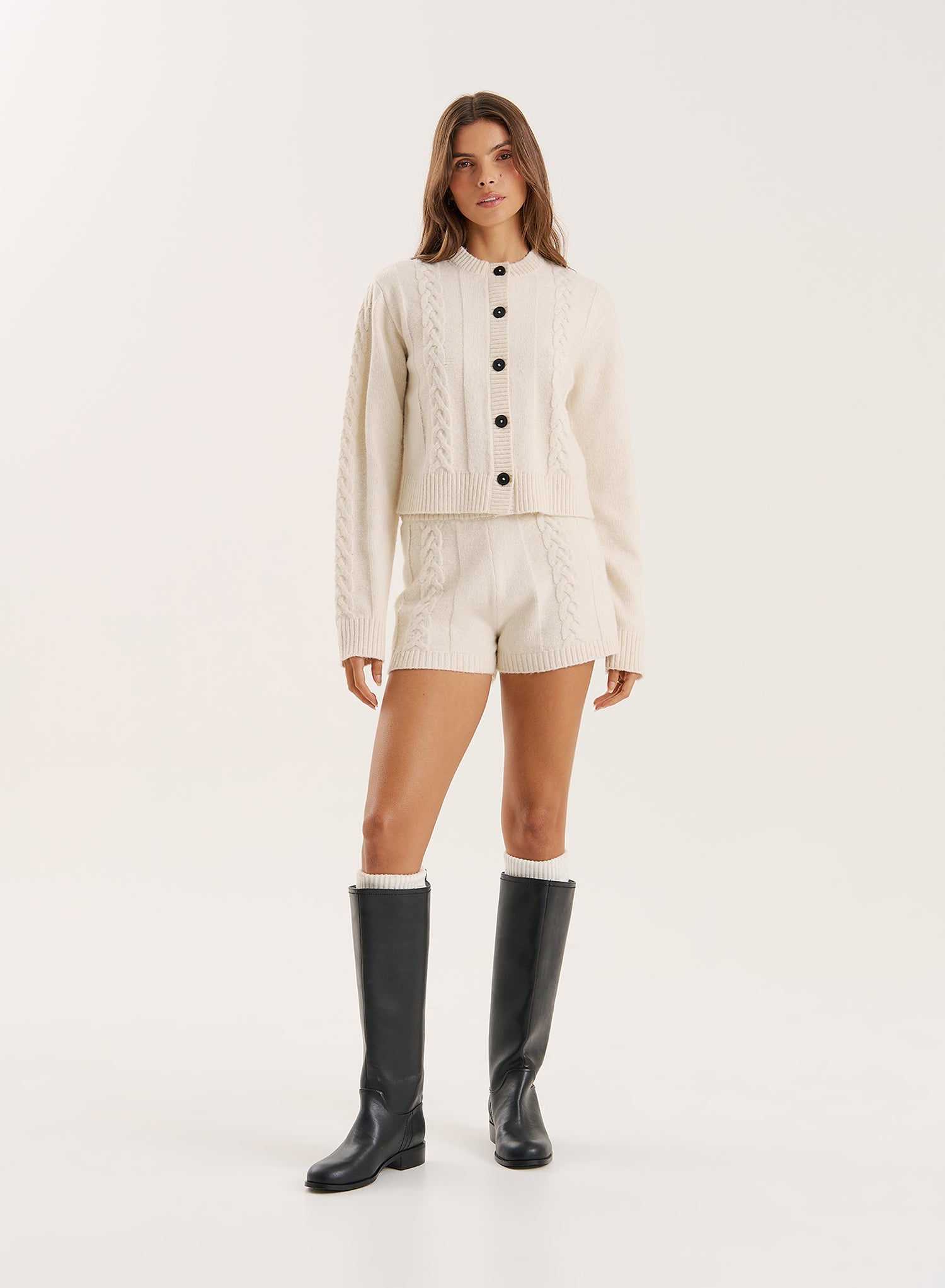 Cream Cable Knit High Waist Shorts